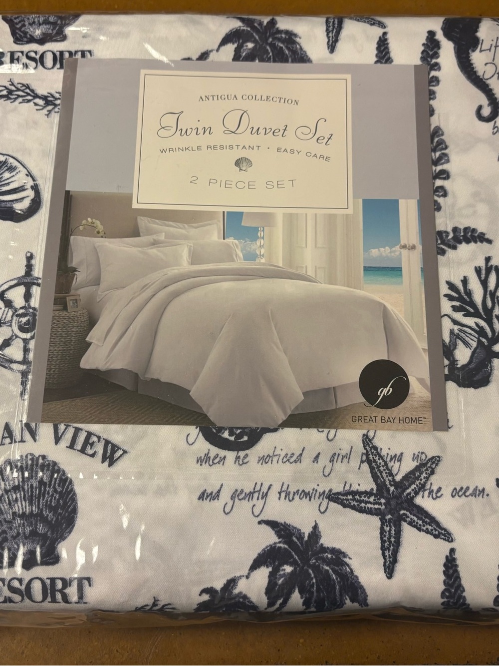 Antigua Twin Duvet Cover Set in White with Navy Coastal Print